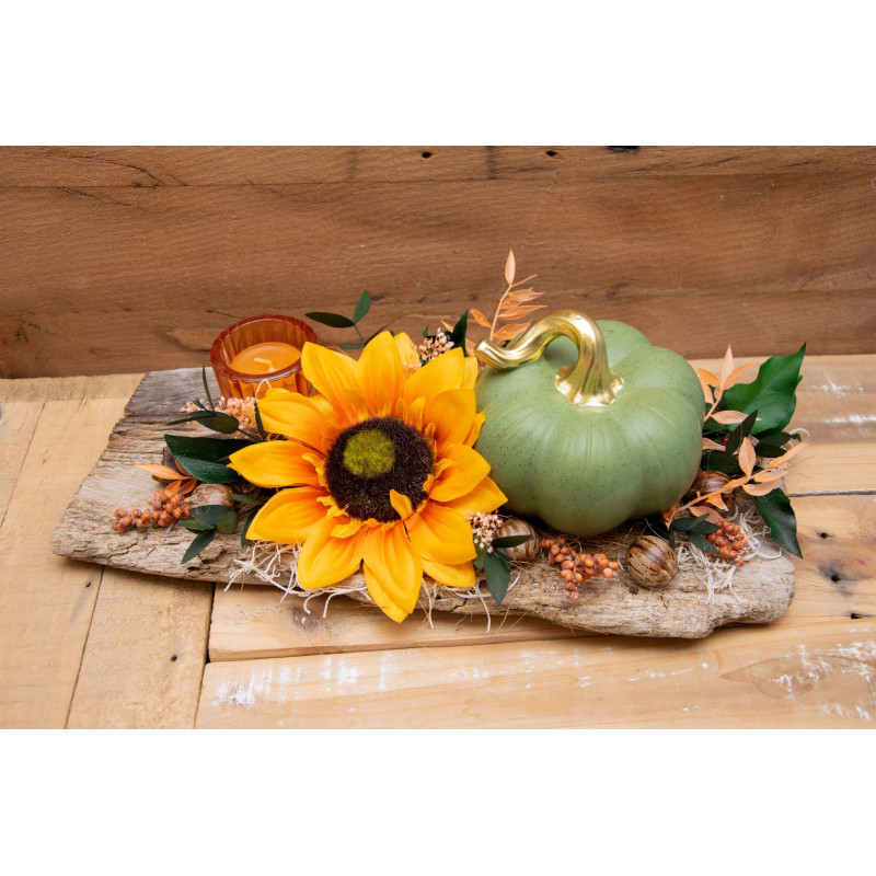 Teelichtdeko Schwemmholz Kürbis und Sonnenblume