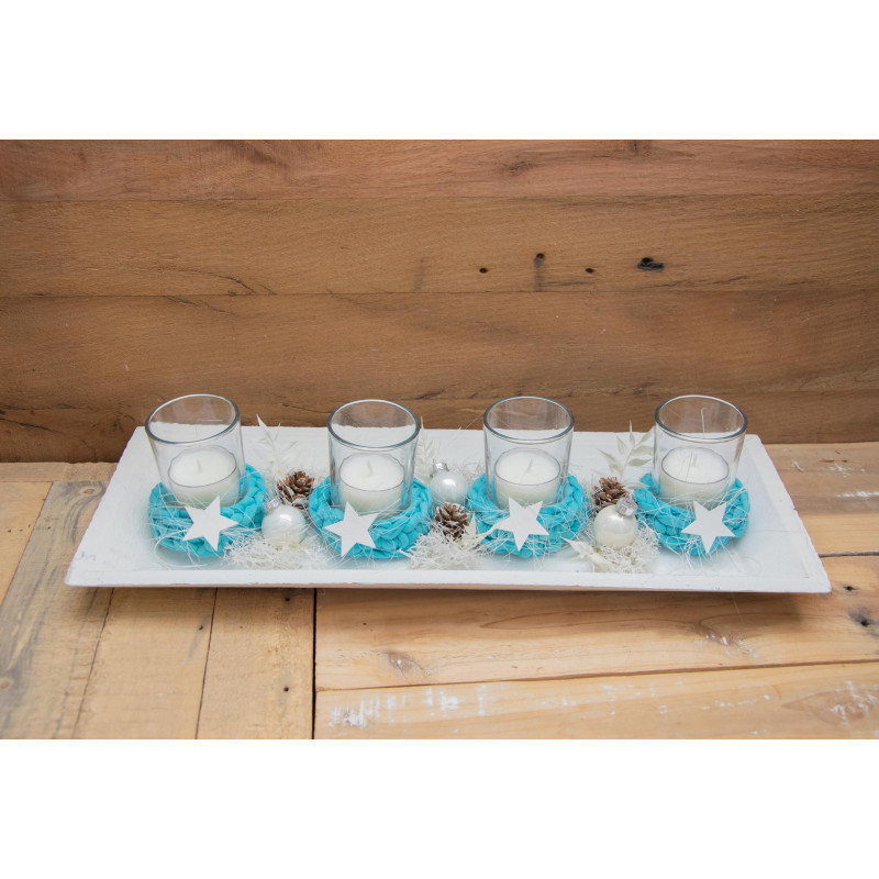 Adventsgesteck Tablett Häkelwindlichter