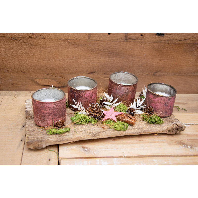Adventsgesteck Schwemmholz rosa