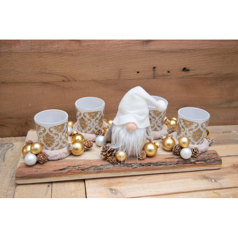 Wichtel Gesteck auf Holzscheibe