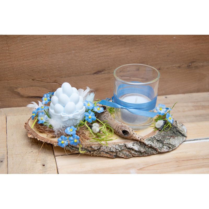 Windlichtdeko Ostern mit Ei-Nest und Vergissmeinnicht