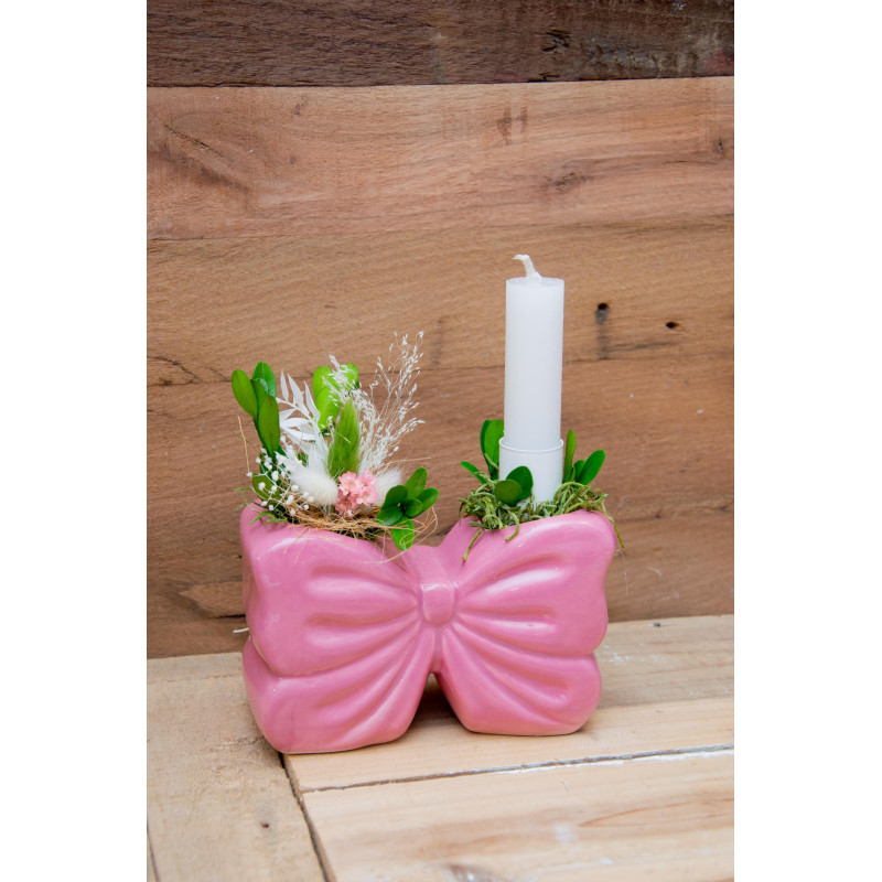 Tischdeko Maschenvase mit Kerze und Trockenblumen