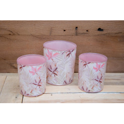 Windlichtglas rosa mit Blattmuster