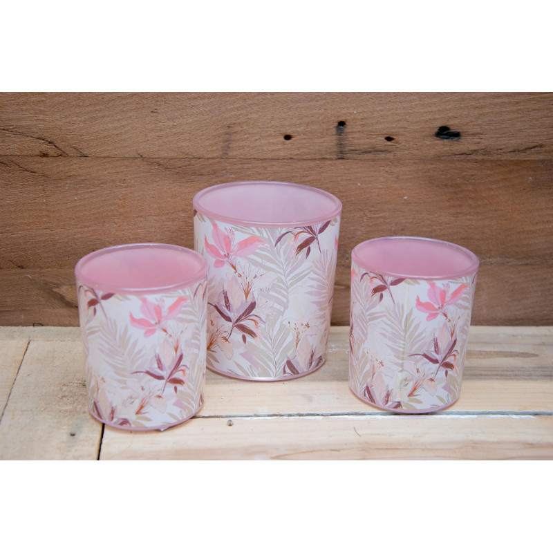 Windlichtglas rosa mit Blattmuster