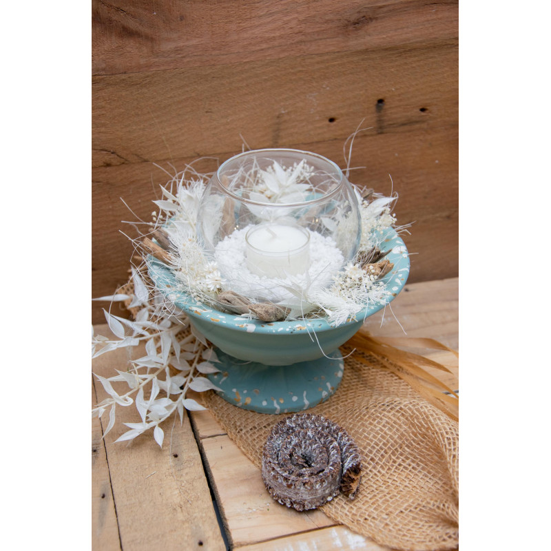 Windlicht blauer Pokal mit Trockenblumen